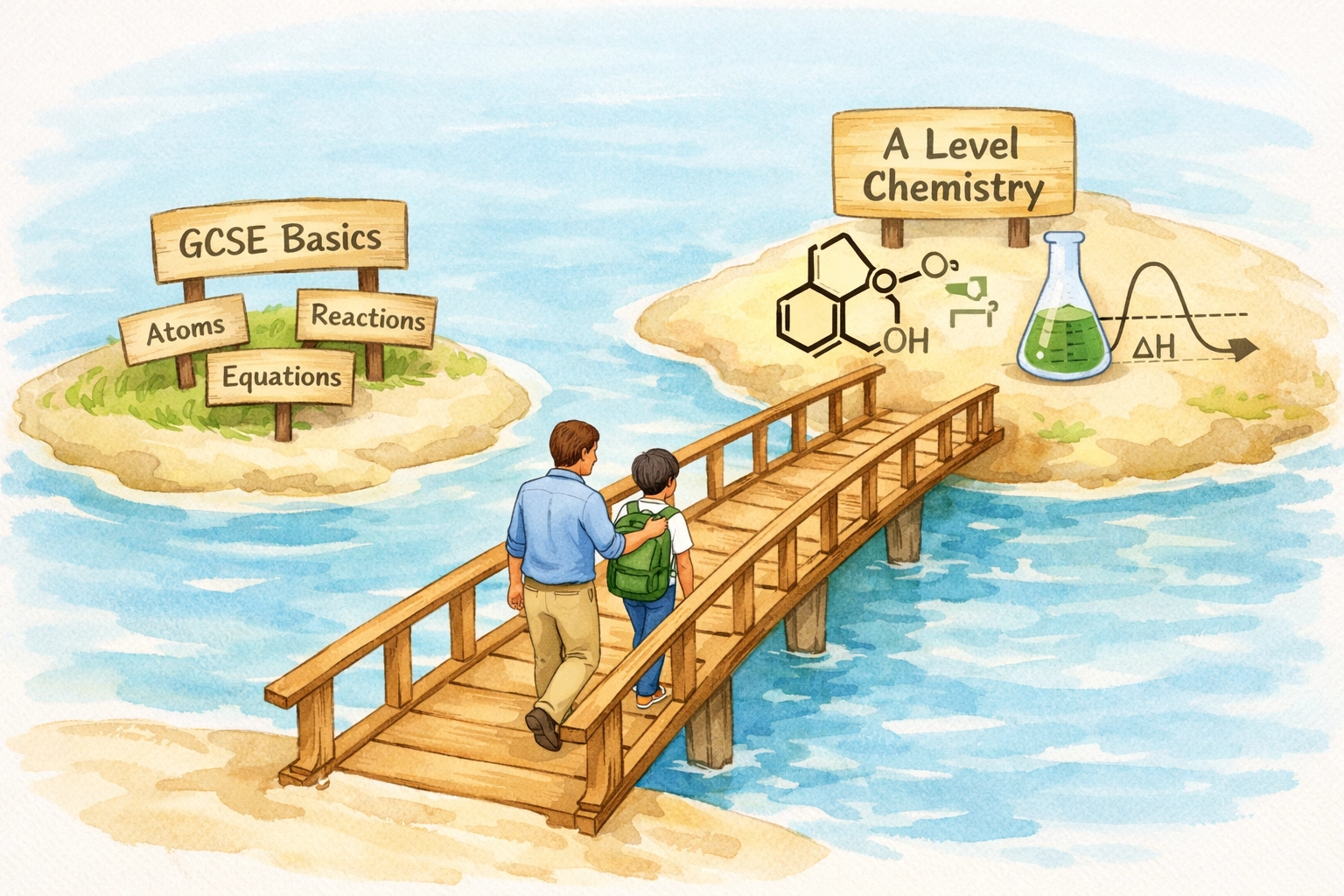 Bridge connecting GCSE to A Level Chemistry concepts with tutor guiding student across the transition