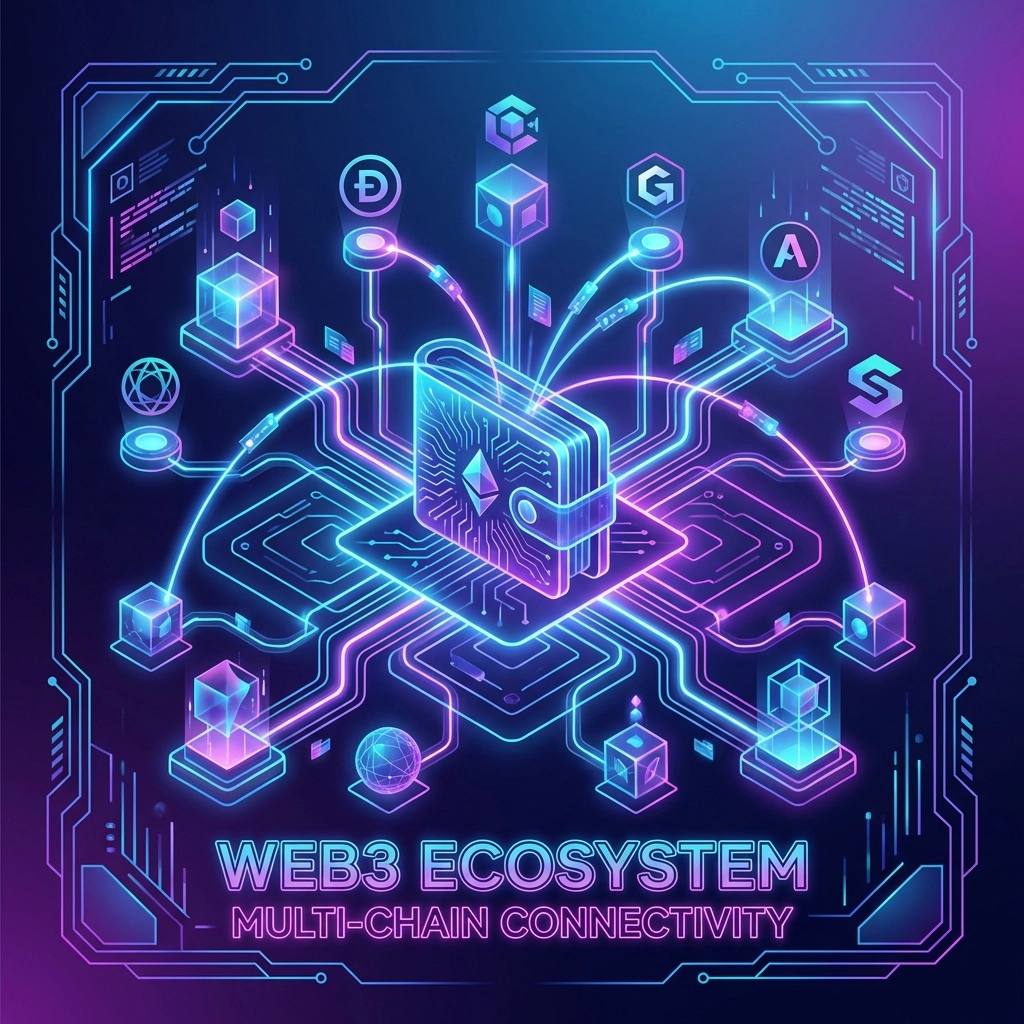 Illustration of a connected crypto wallet highlighting Larecoin's multi-chain Web3 payment ecosystem.