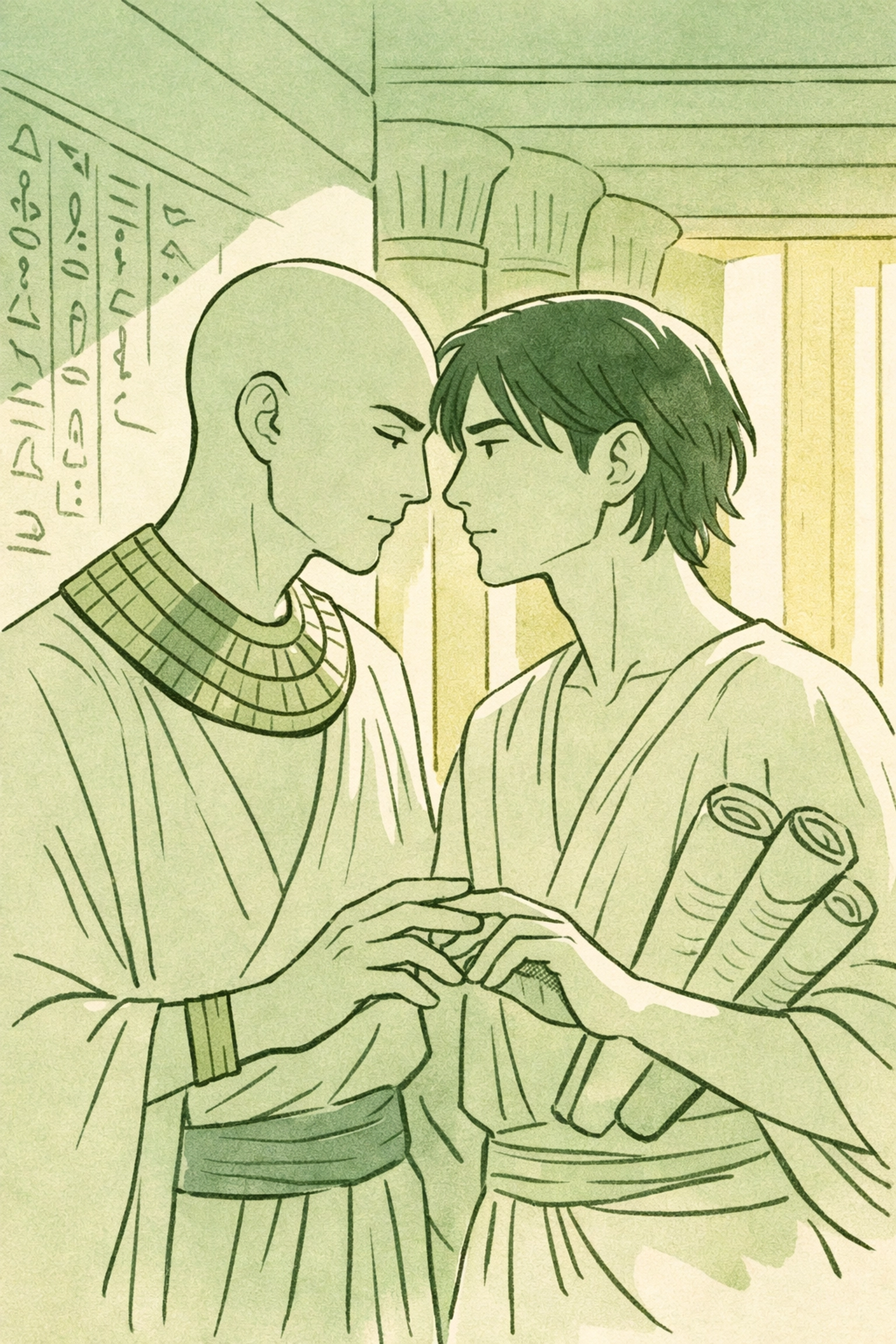 Egyptian priest and scribe in stone corridor, hands nearly touching in forbidden MM romance moment