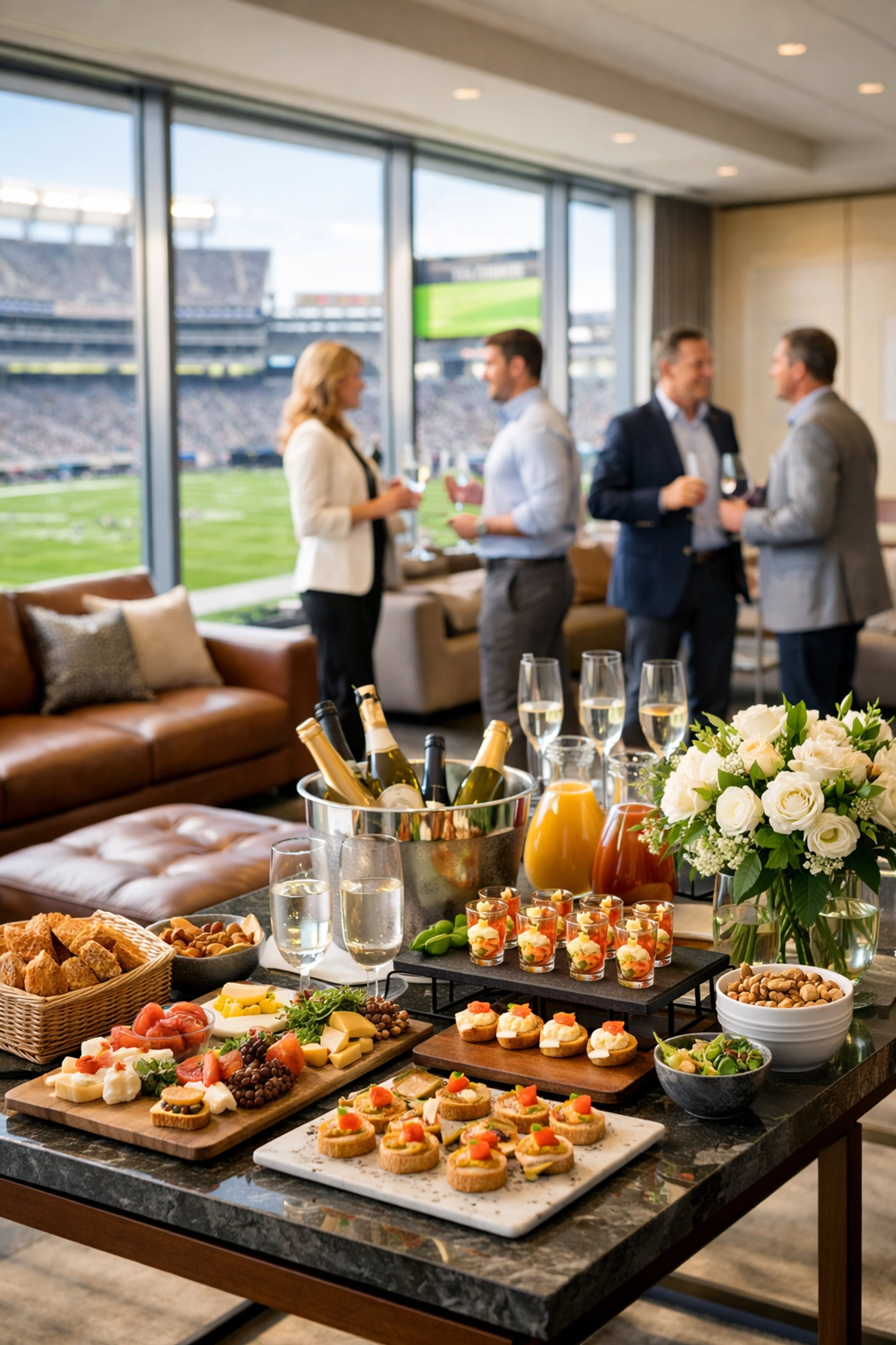 Corporate hospitality suite overlooking stadium with business executives networking at Super Bowl event