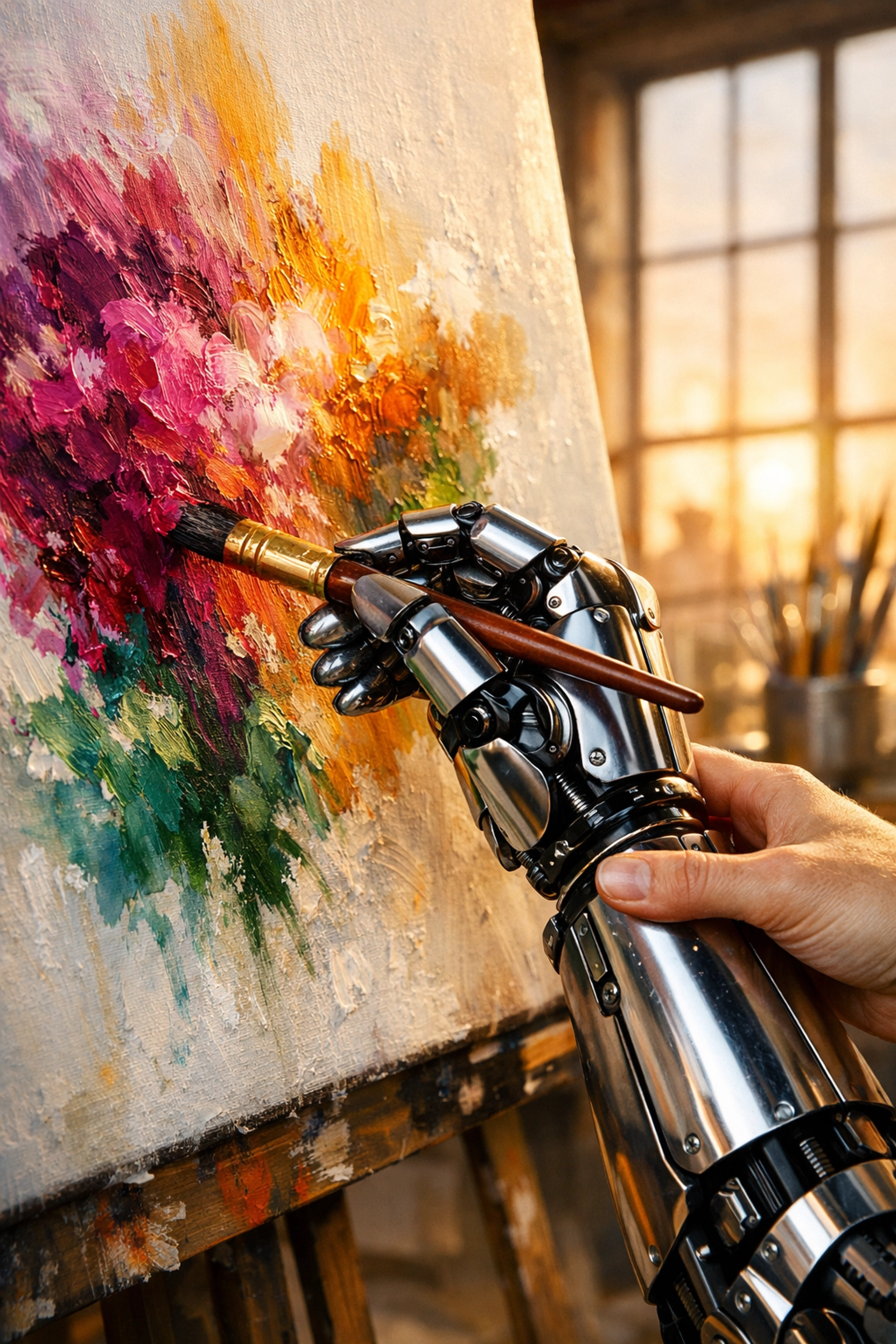 A human hand guiding a robotic arm in a collaborative painting process to demonstrate creative synergy.