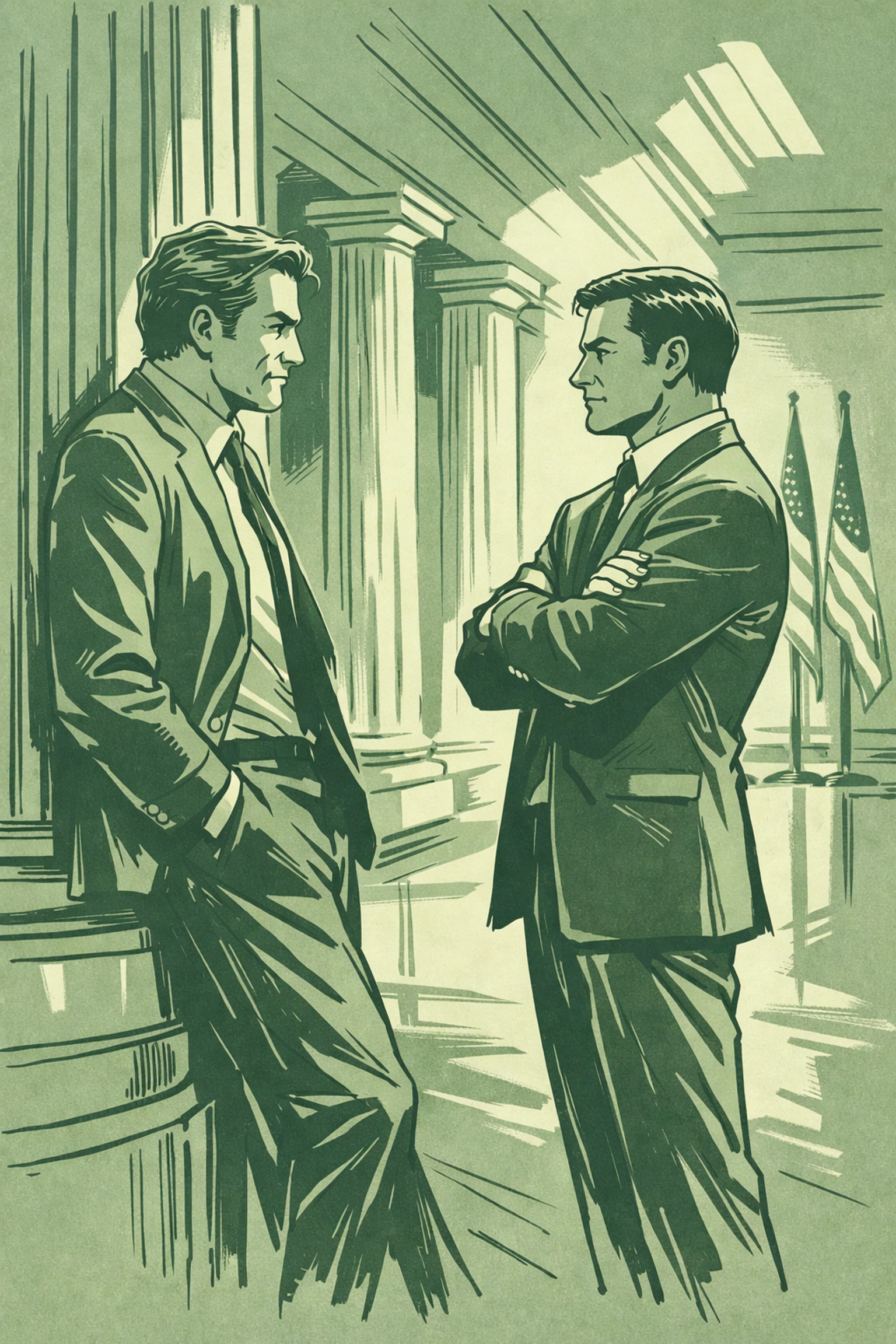 Two men in tense conversation in government hallway - gay political romance illustration
