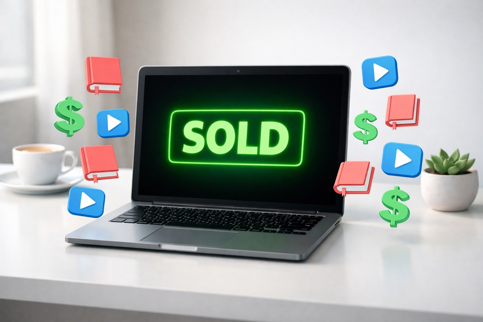 Laptop displaying sold notification with digital product icons for ebooks and video courses