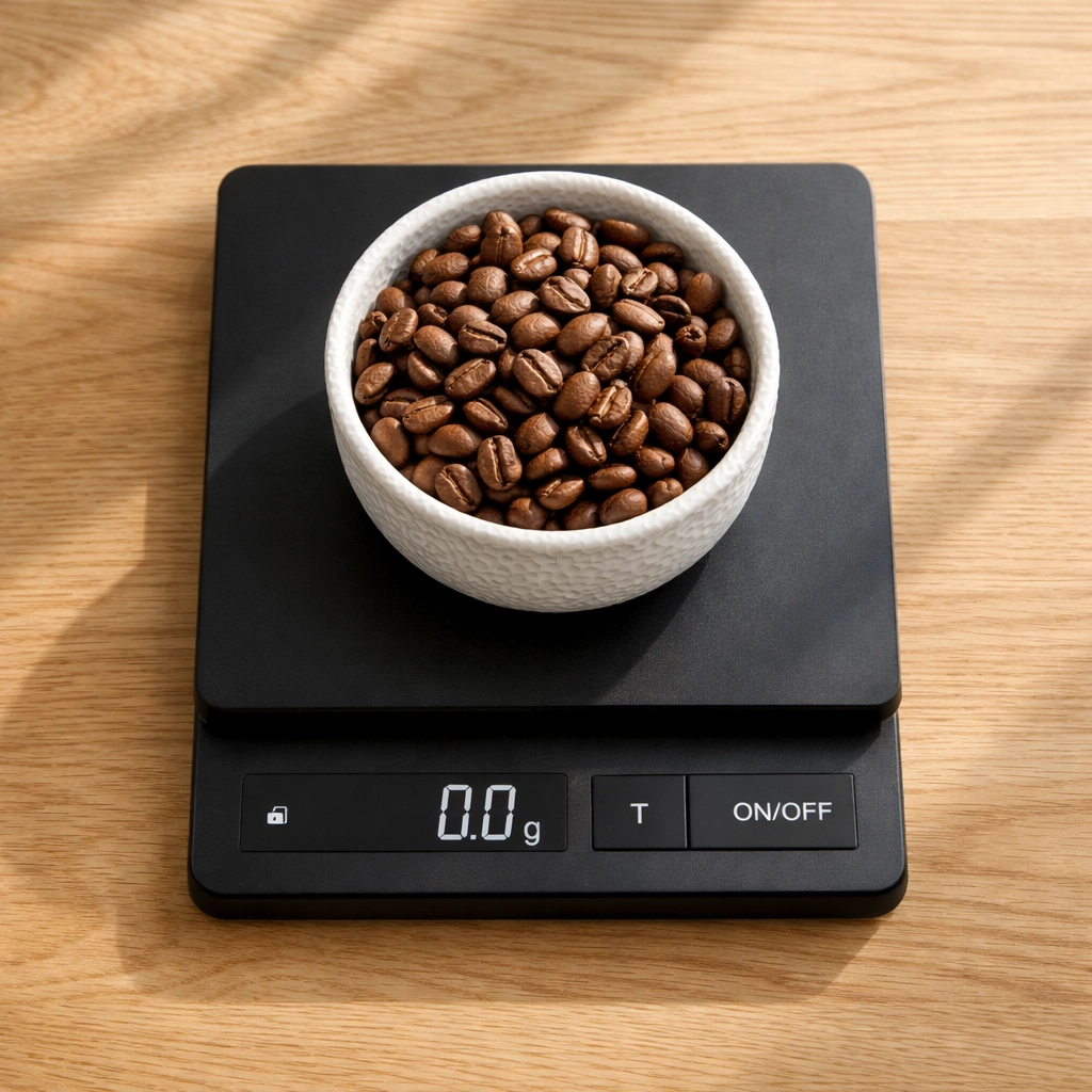Digital coffee scale weighing fresh whole beans on a kitchen counter for precise brew ratios.