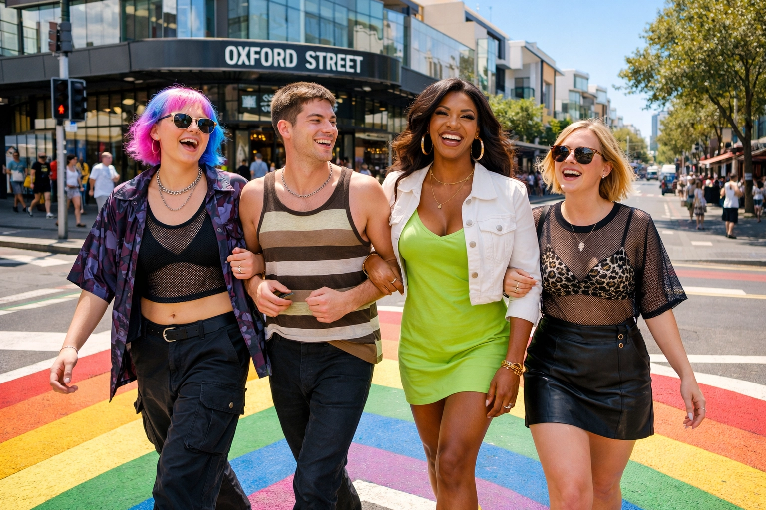 Diverse LGBTQ+ friends walking along modern Oxford Street near the rainbow crossing in Sydney.