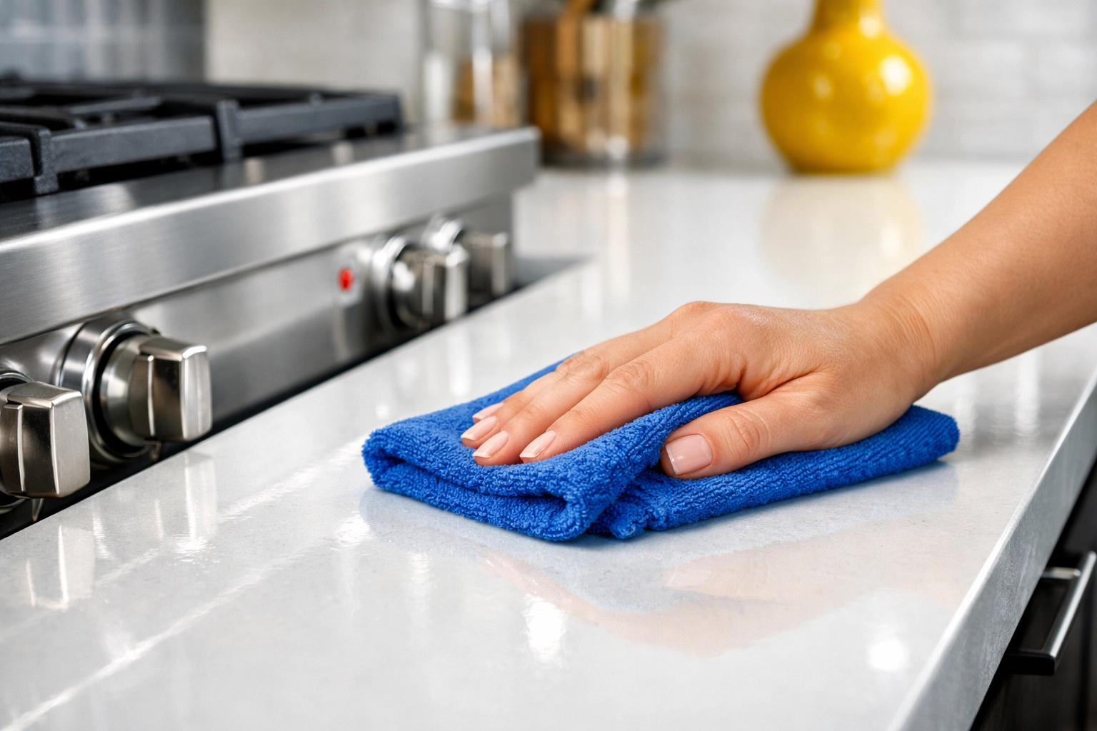Professional apartment cleaning Boston using a microfiber cloth to polish a sleek modern kitchen countertop.