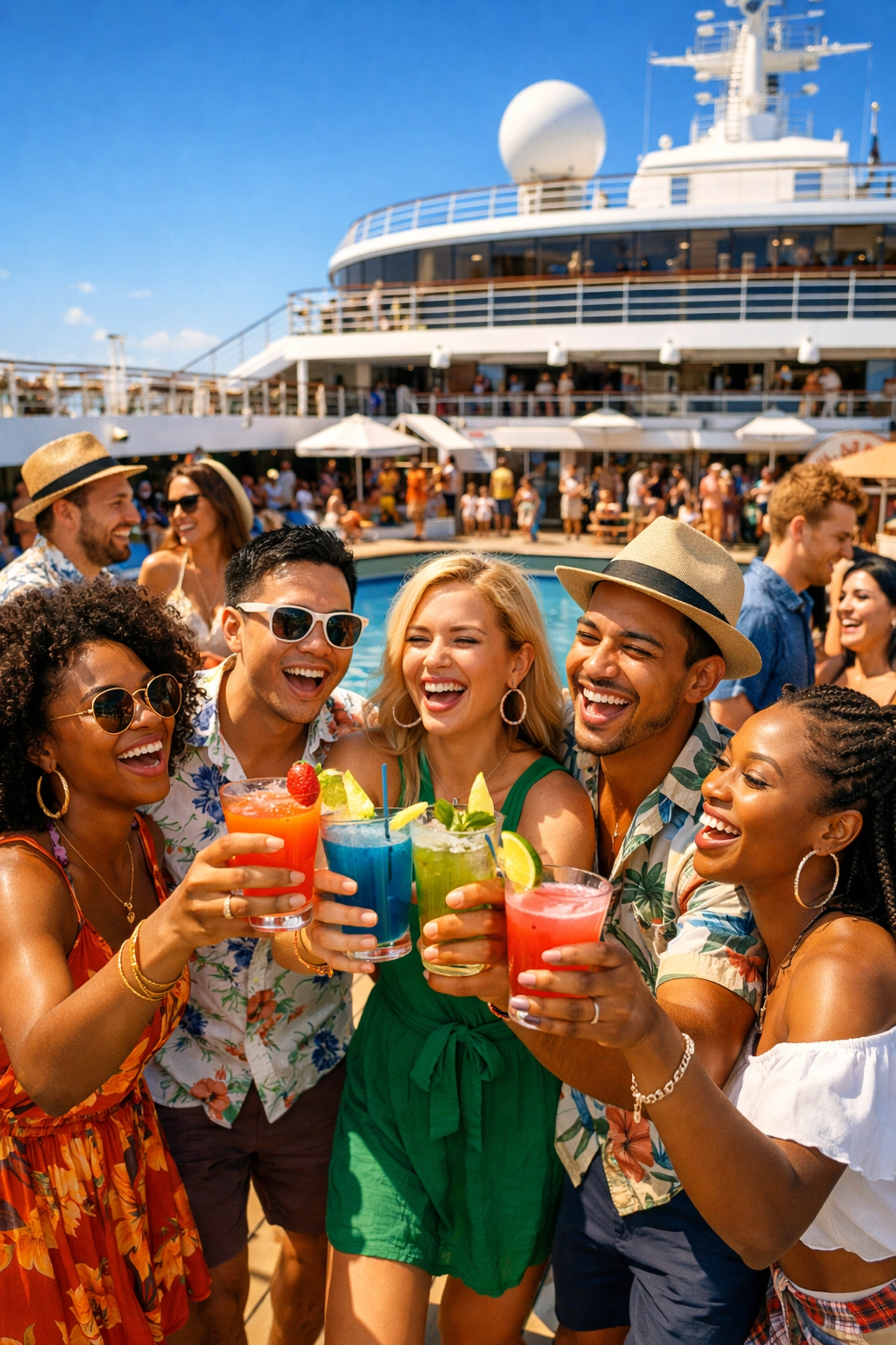 Friends enjoying drinks on a sunny Virgin Voyages pool deck during a Caribbean cruise.