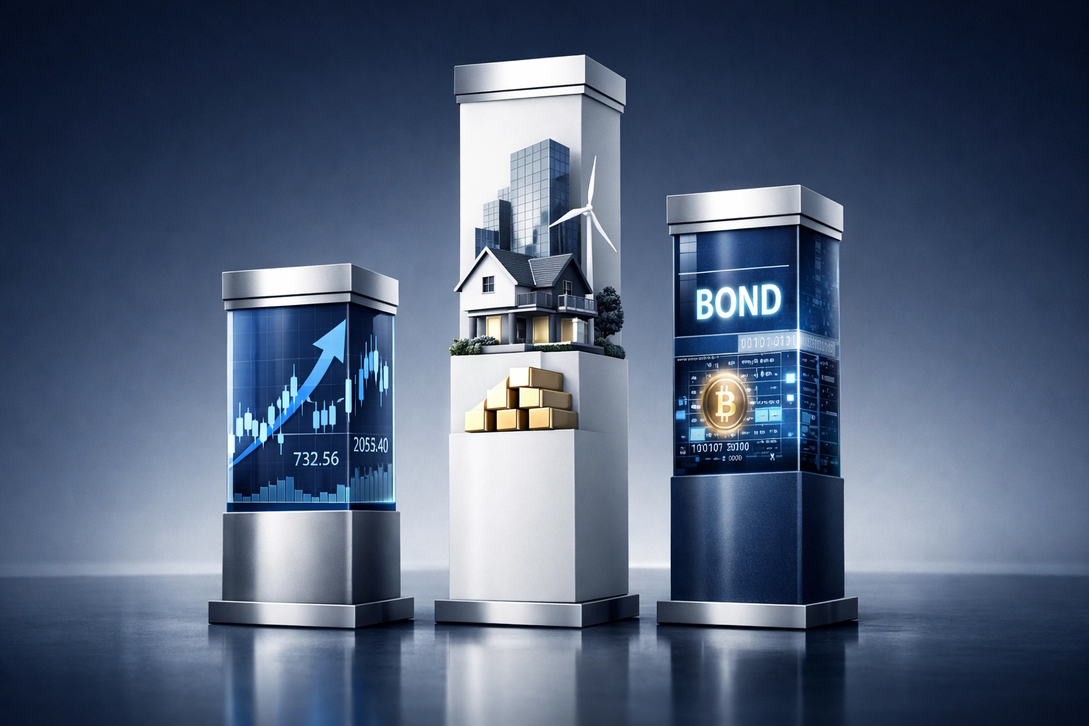 Three pillars representing diversified portfolio allocation across stocks, alternatives, and bonds