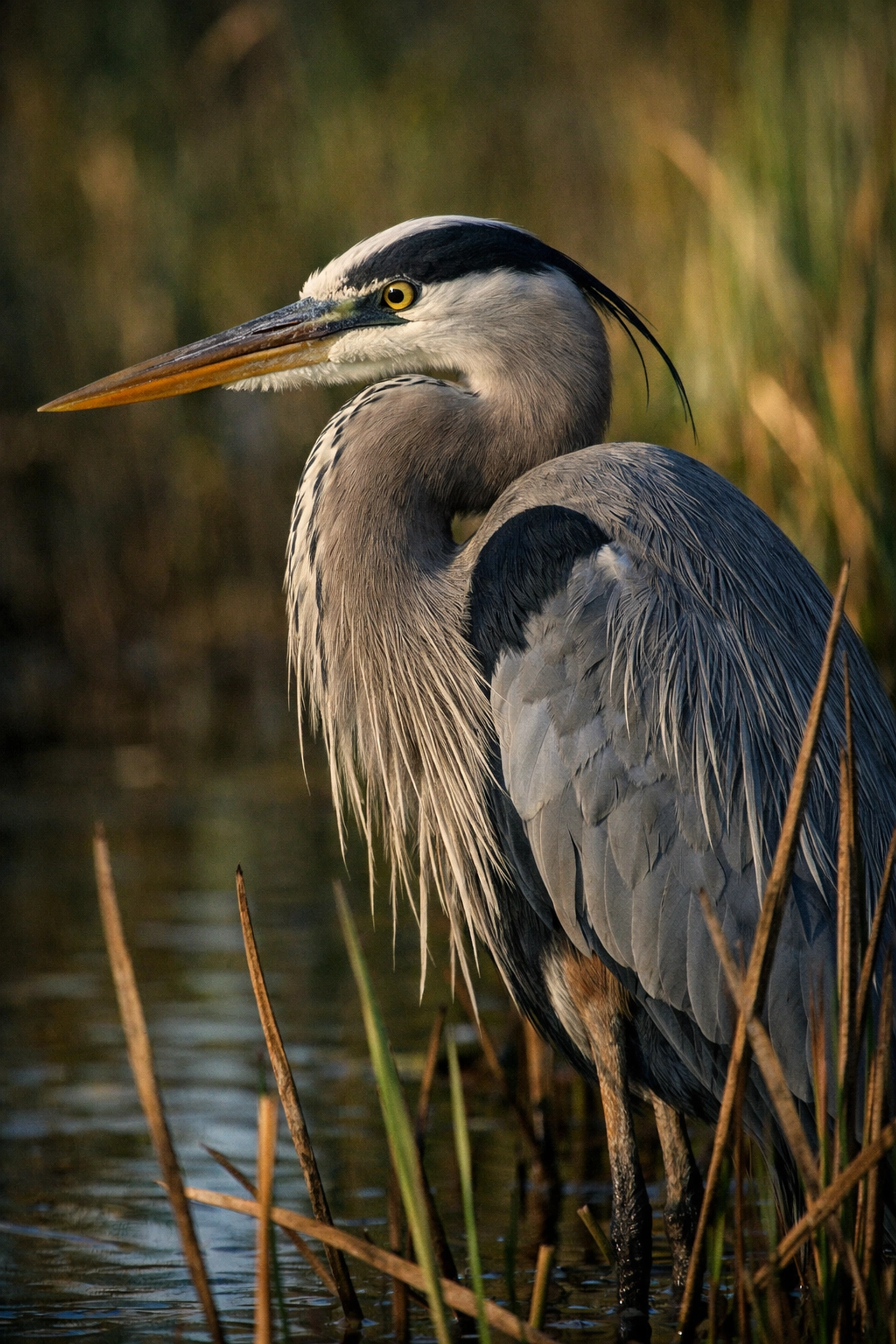 Close-up fine art wildlife portrait of a Great Blue Heron standing among reeds in a quiet Everglades slough.