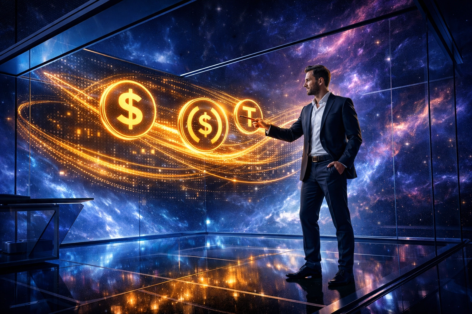 Digital entrepreneur managing Larecoin stablecoin transactions through a holographic interface in a virtual office.