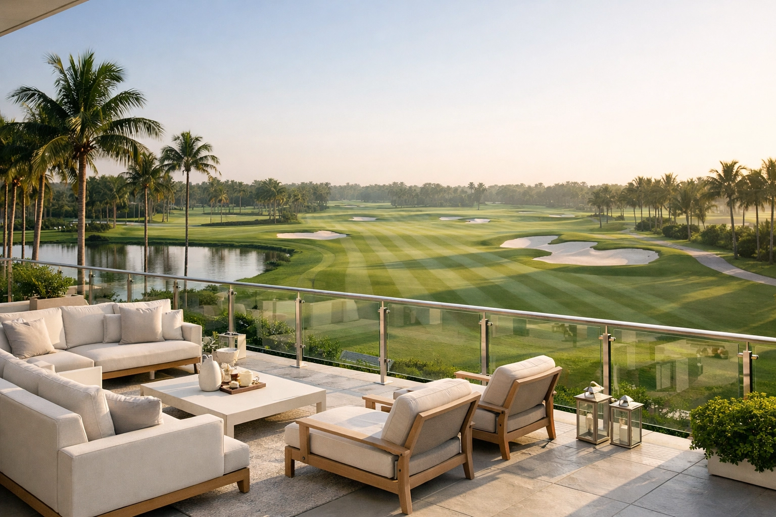 Upscale South Florida country club terrace overlooking a pristine golf course in a luxury enclave.