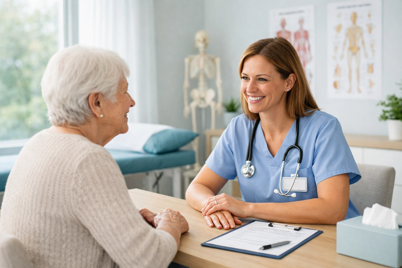 Nurse Practitioner focusing on patient care using AI clinical documentation for distraction-free consultations.