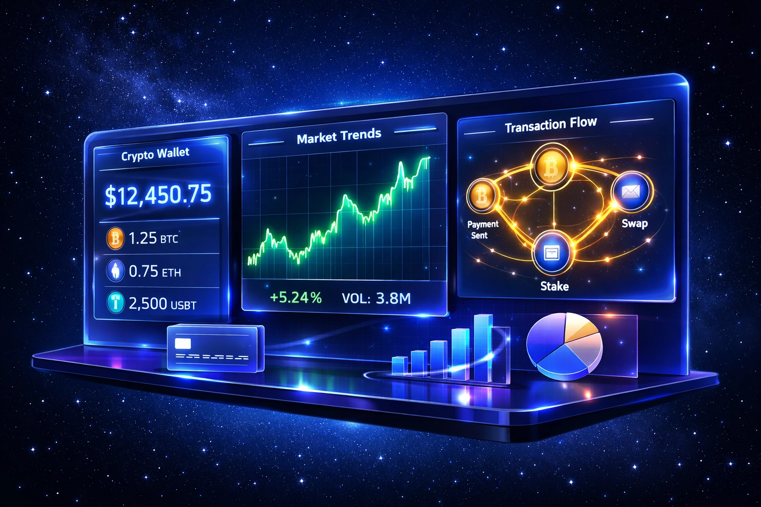 Web3 payment dashboard showing cryptocurrency wallet and real-time transaction processing
