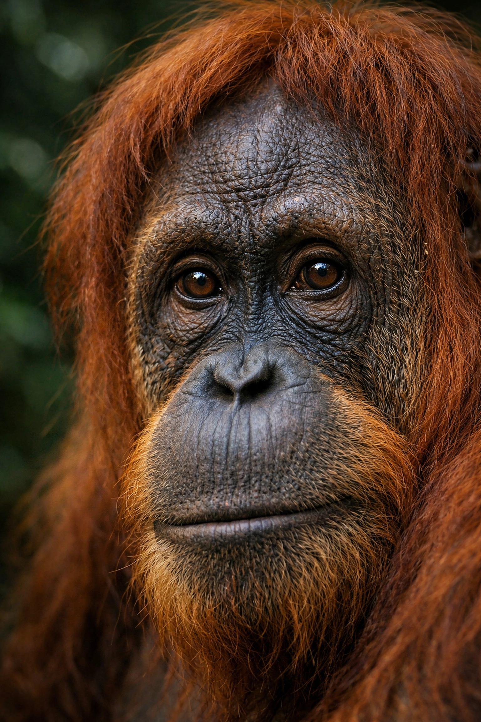 Close-up portrait of an orangutan, highlighting ethical wildlife photography and species connection.