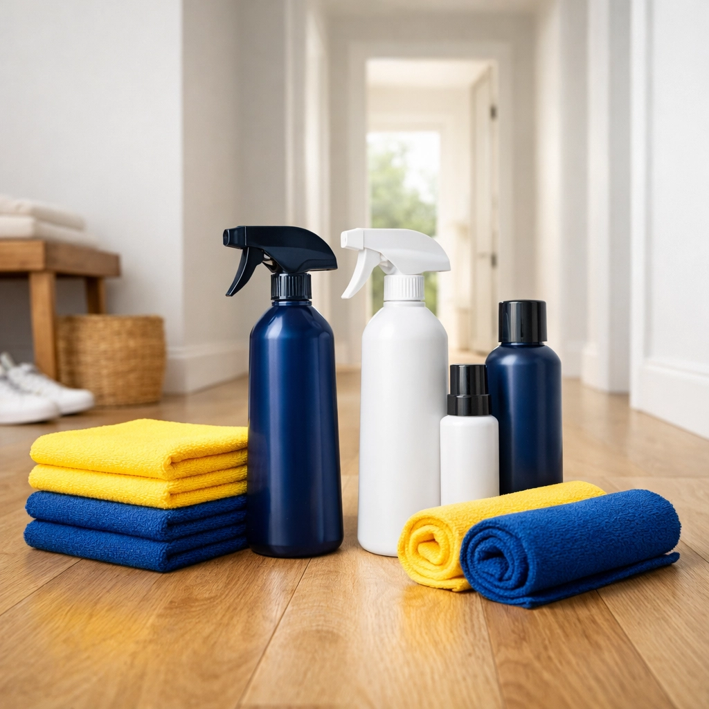 Professional cleaning equipment and supplies in a bright, modern Massachusetts home entryway.