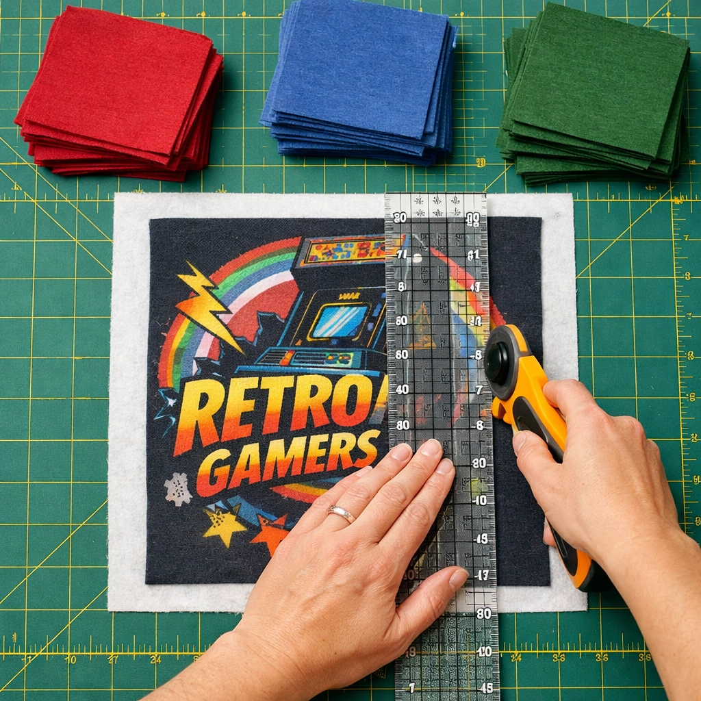 Cutting stabilized t-shirt into uniform quilt blocks using rotary cutter and ruler on cutting mat