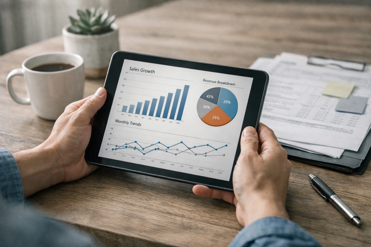 Business owner analyzing financial data on tablet for working capital loan decision
