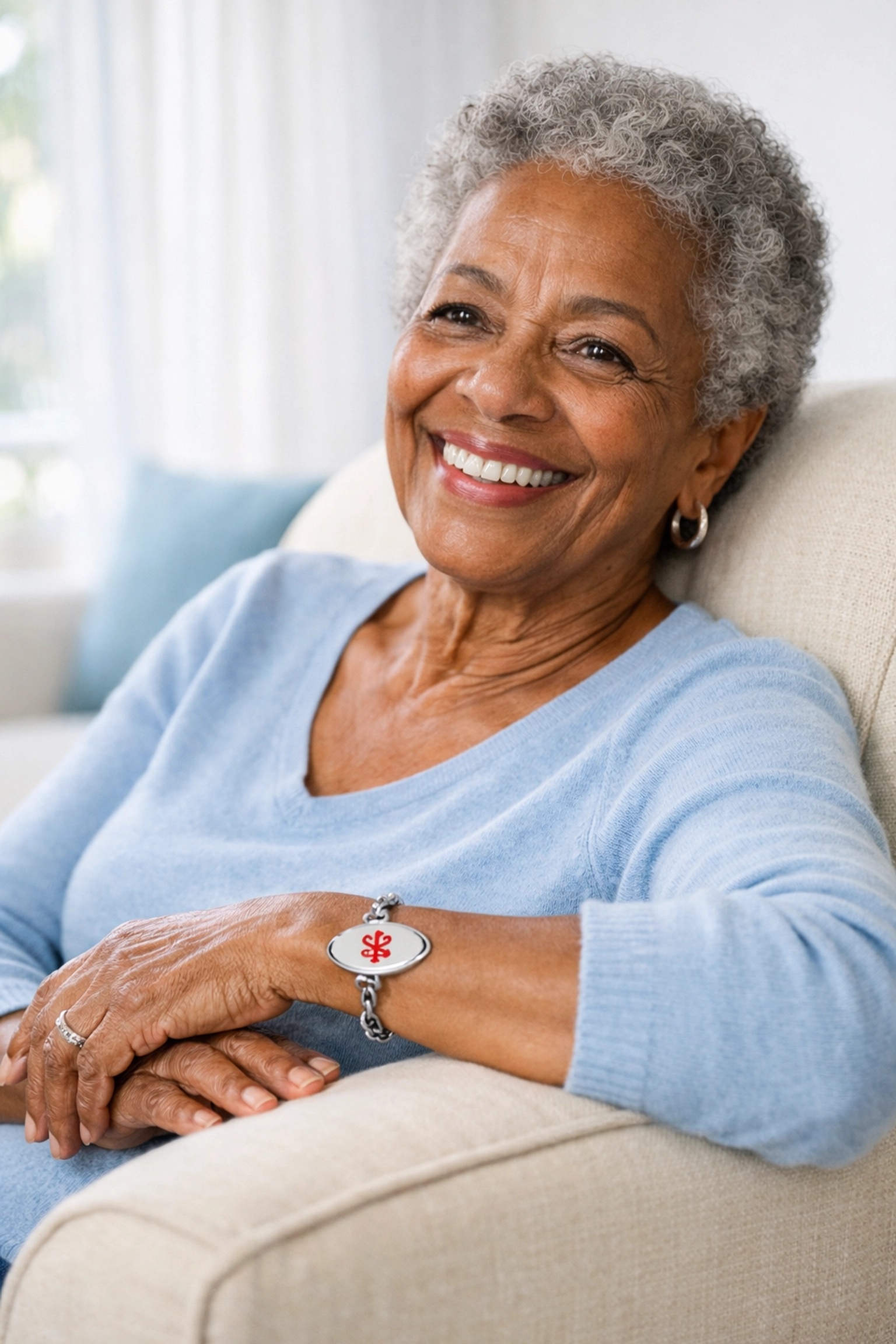 Senior woman wearing medical alert bracelet at home in Warrenton