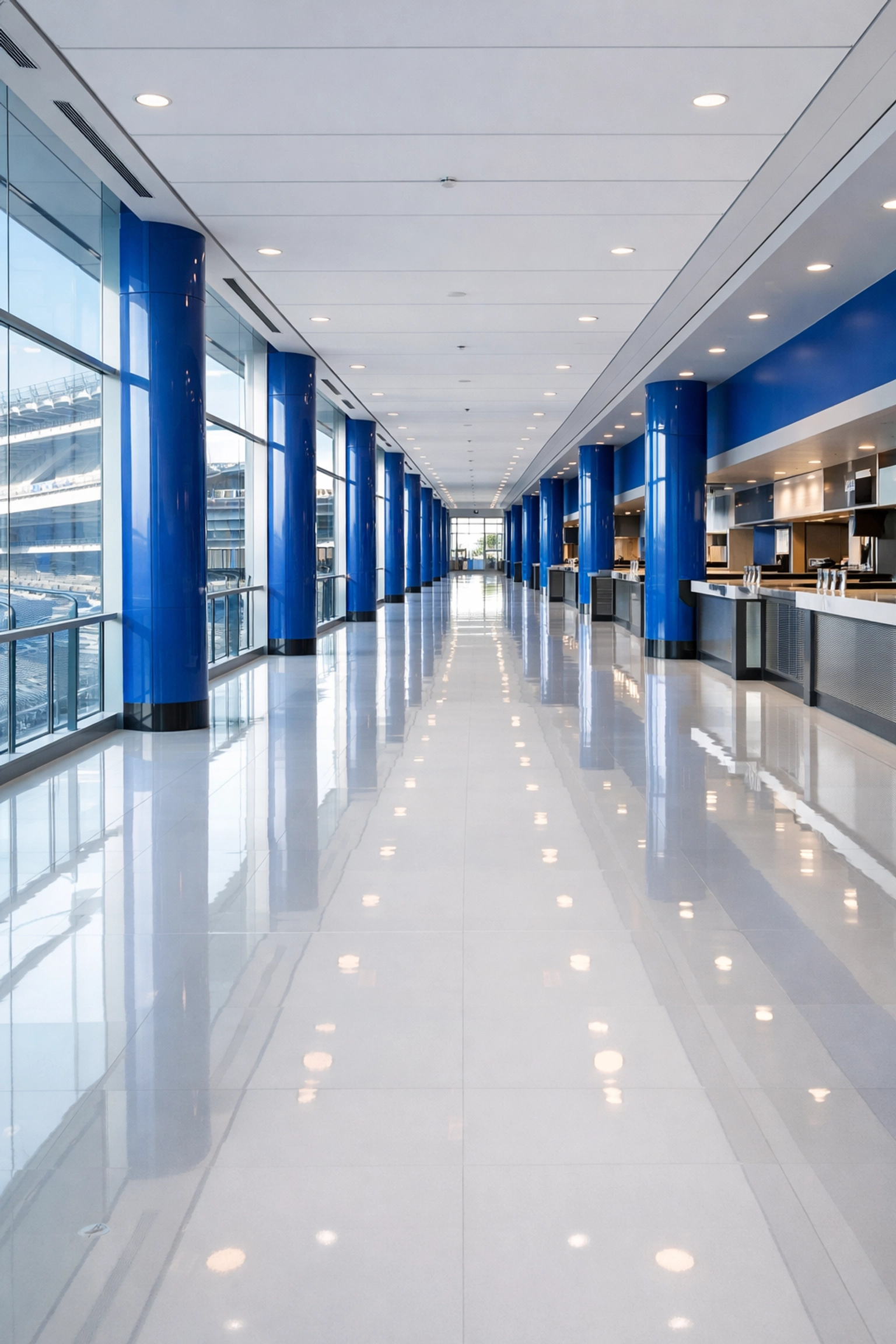 A gleaming, sun-filled sports complex concourse with high-gloss floors and clean glass walls.