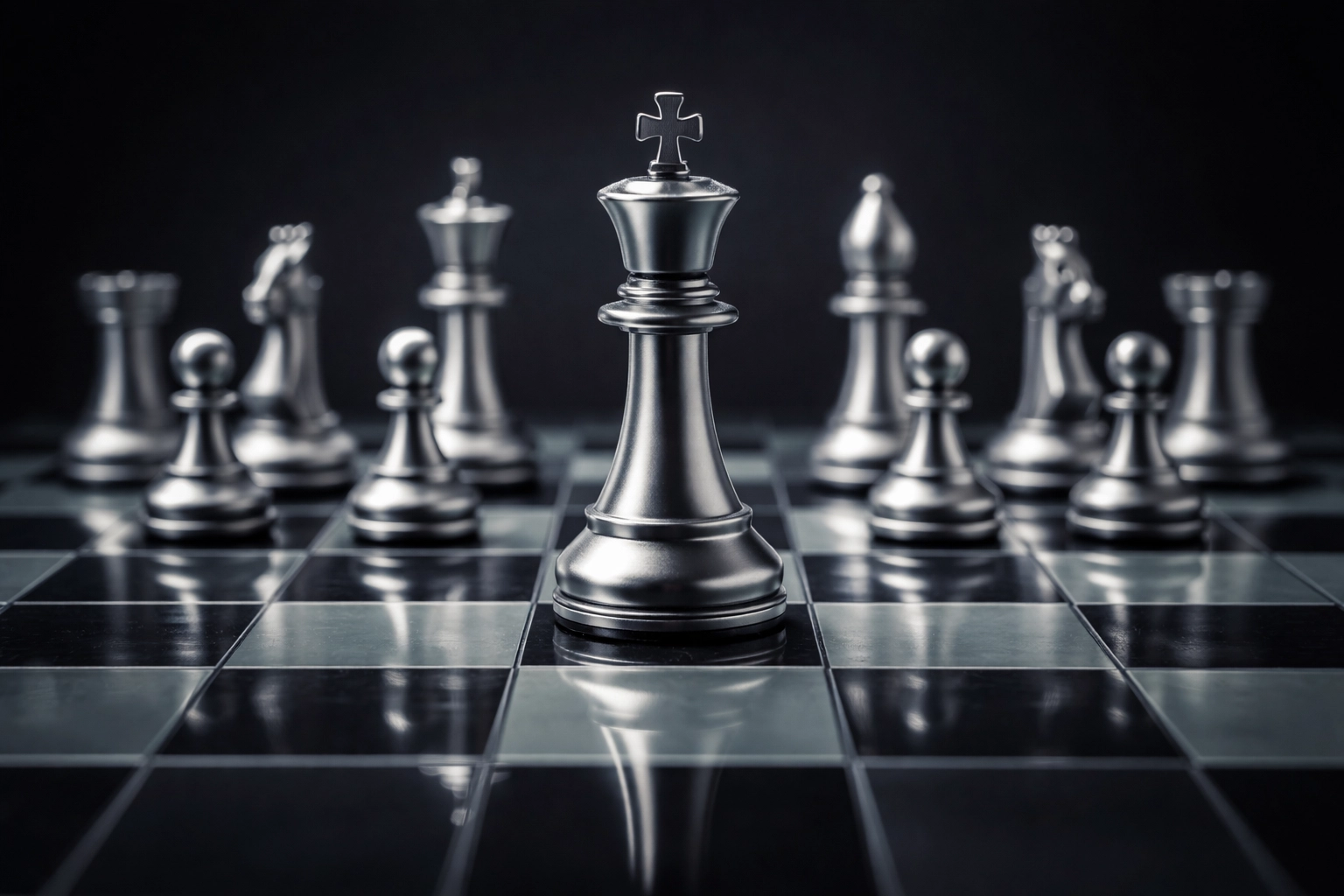 Chess pieces in strategic formation on a glass board, symbolizing leadership, coordination, and unified technology strategy.