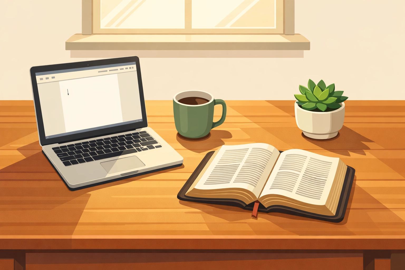 Home office workspace with laptop, Bible, and coffee for creating faith-based content