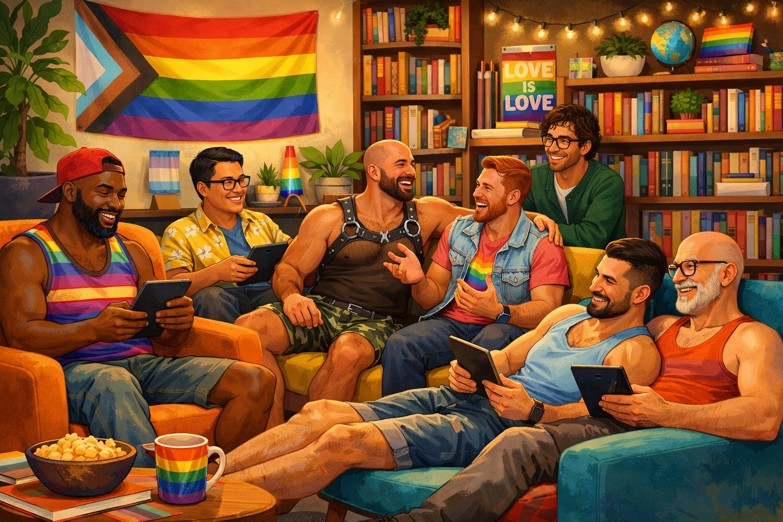 Diverse group of gay and queer men reading and discussing books in a cozy pride-themed lounge.
