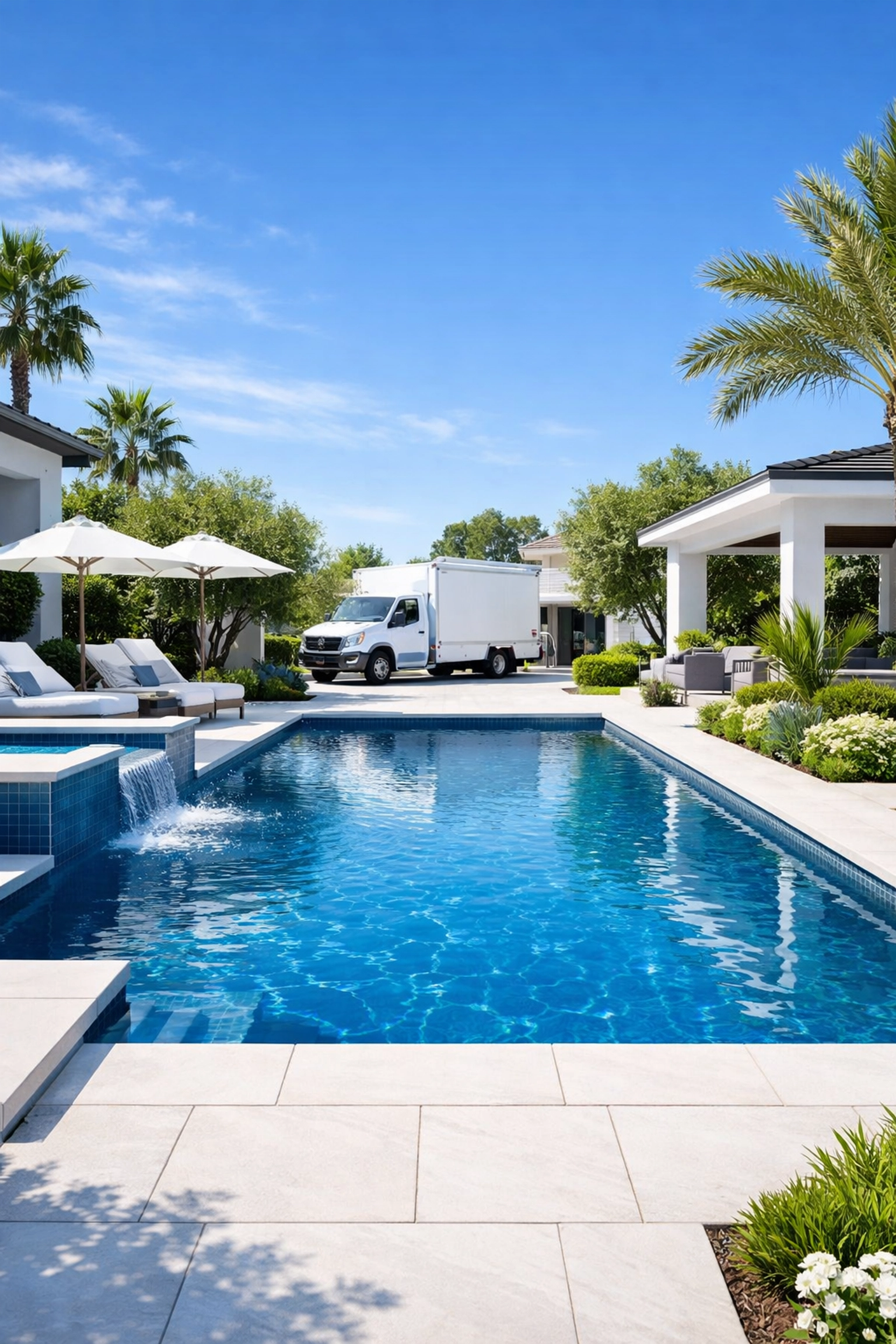 Luxury backyard pool with a professional service truck, representing high customer retention and route stability.