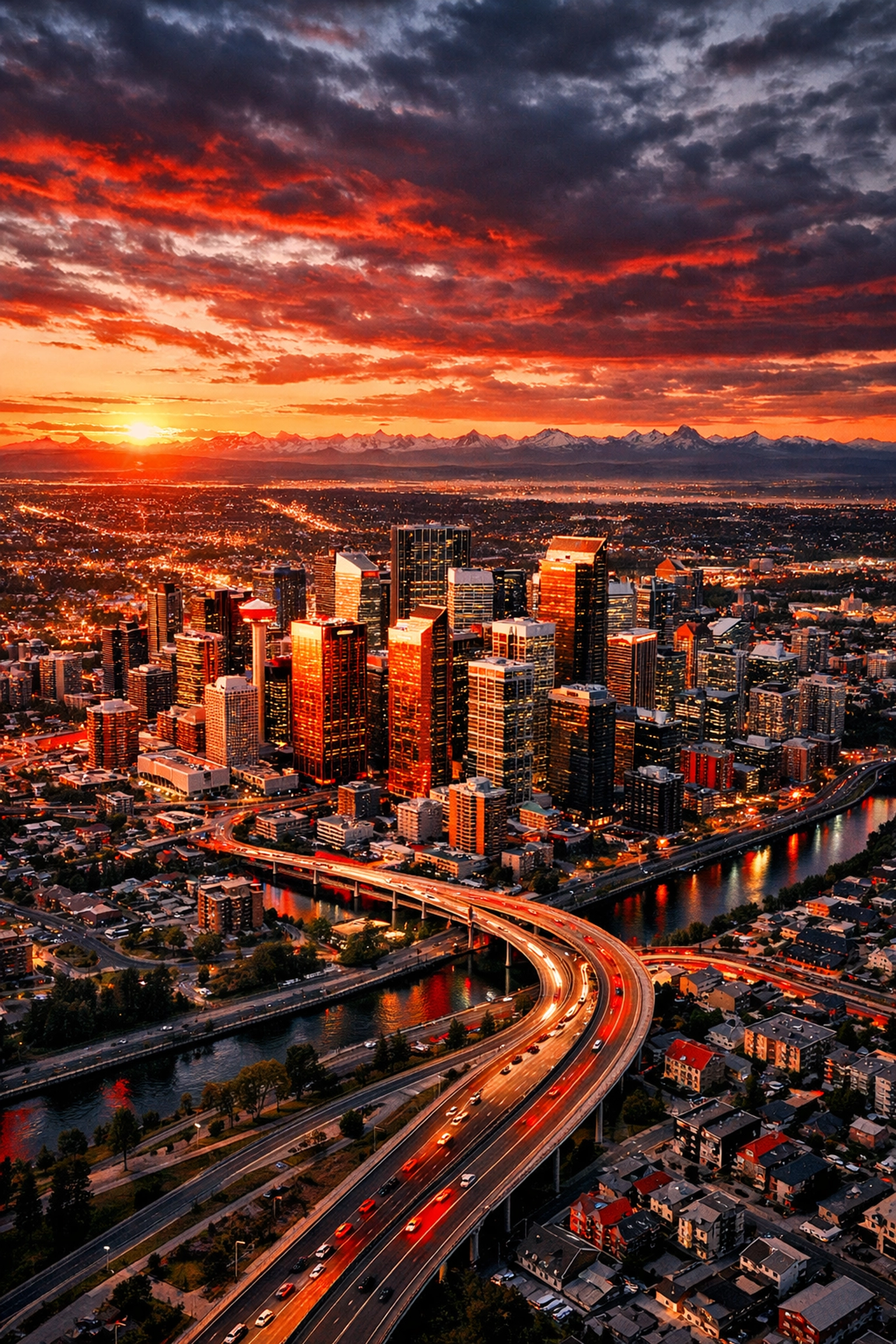 Calgary downtown skyline and urban sprawl marking city's one million population milestone