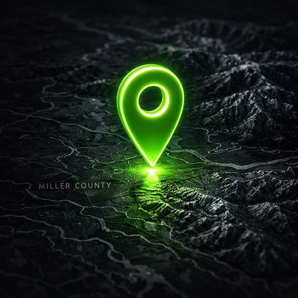 Neon map marker over Miller County terrain highlighting local landscaping business directory spots.