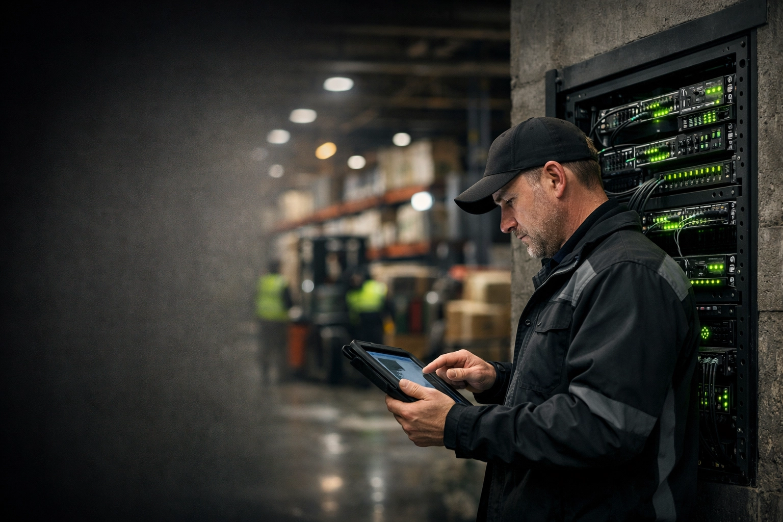 IT technician managing a network rack in a Lincoln, Nebraska facility for professional small business IT support.