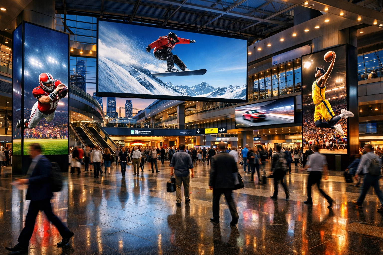 Digital out-of-home advertising screens showing sports content in a busy transit hub.