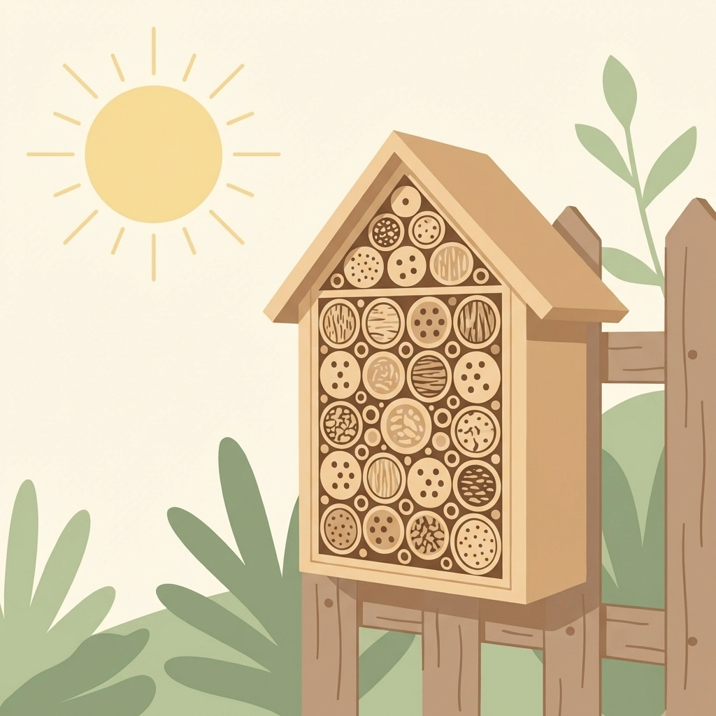 Completed bee hotel mounted on a garden fence, facing morning sun with filled nesting tubes visible