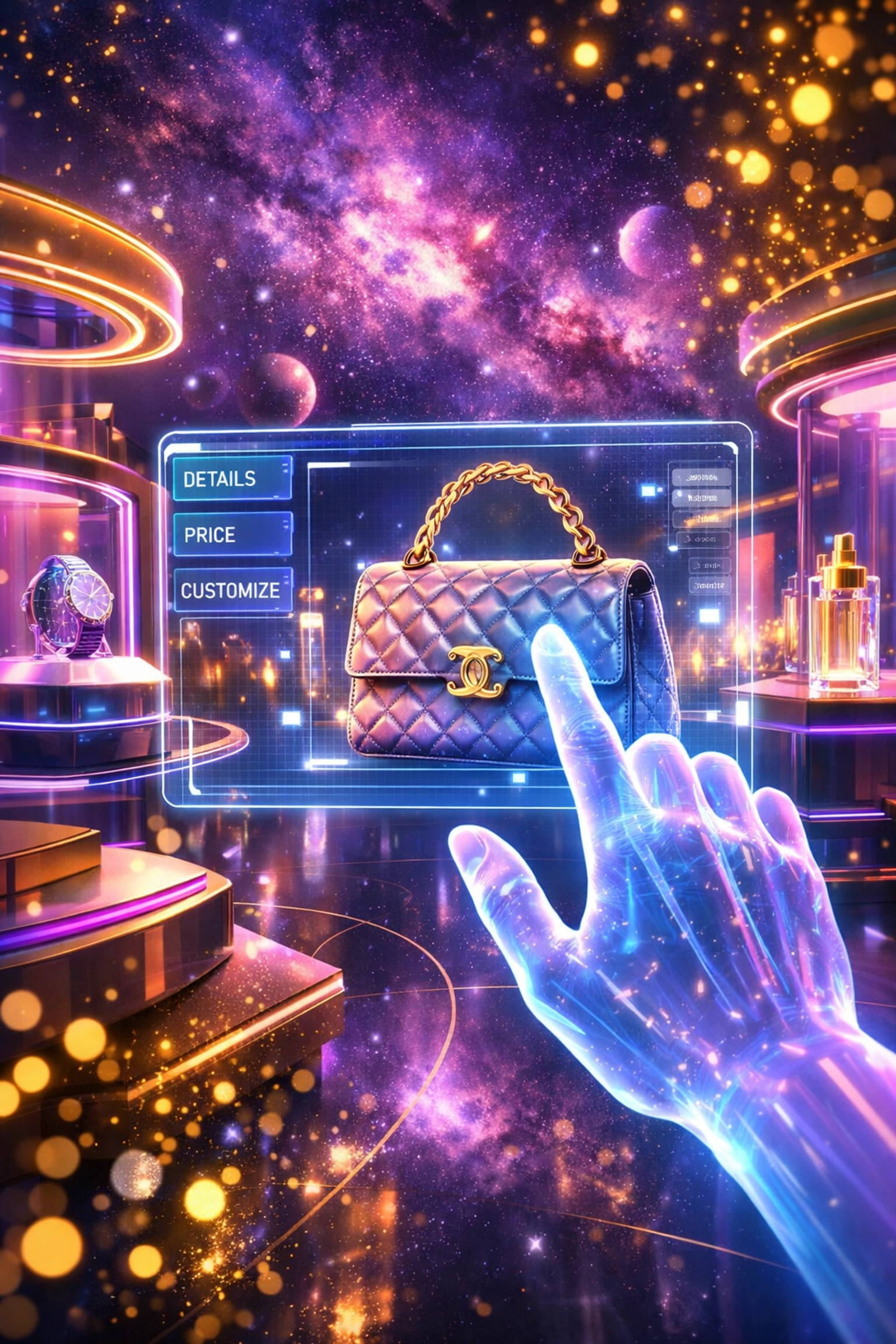 First-person view of metaverse shopping with AI-powered Web3 payment interfaces in a digital boutique.