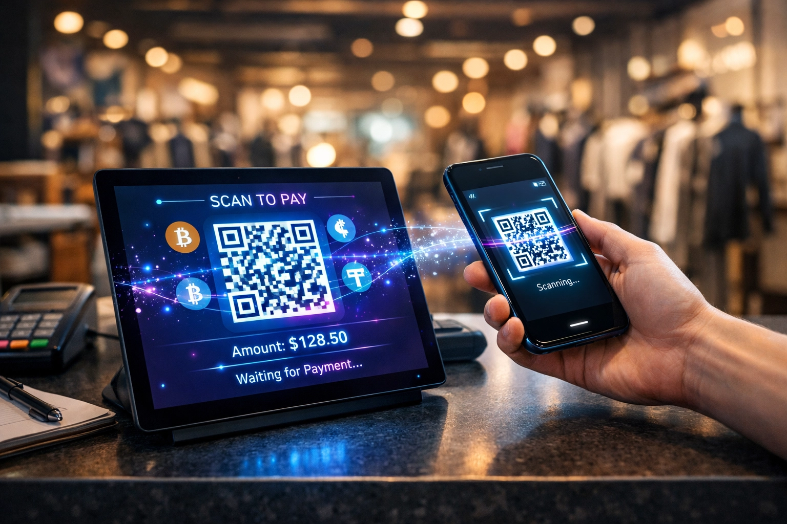 Customer scanning QR code for crypto payment at retail POS using smartphone