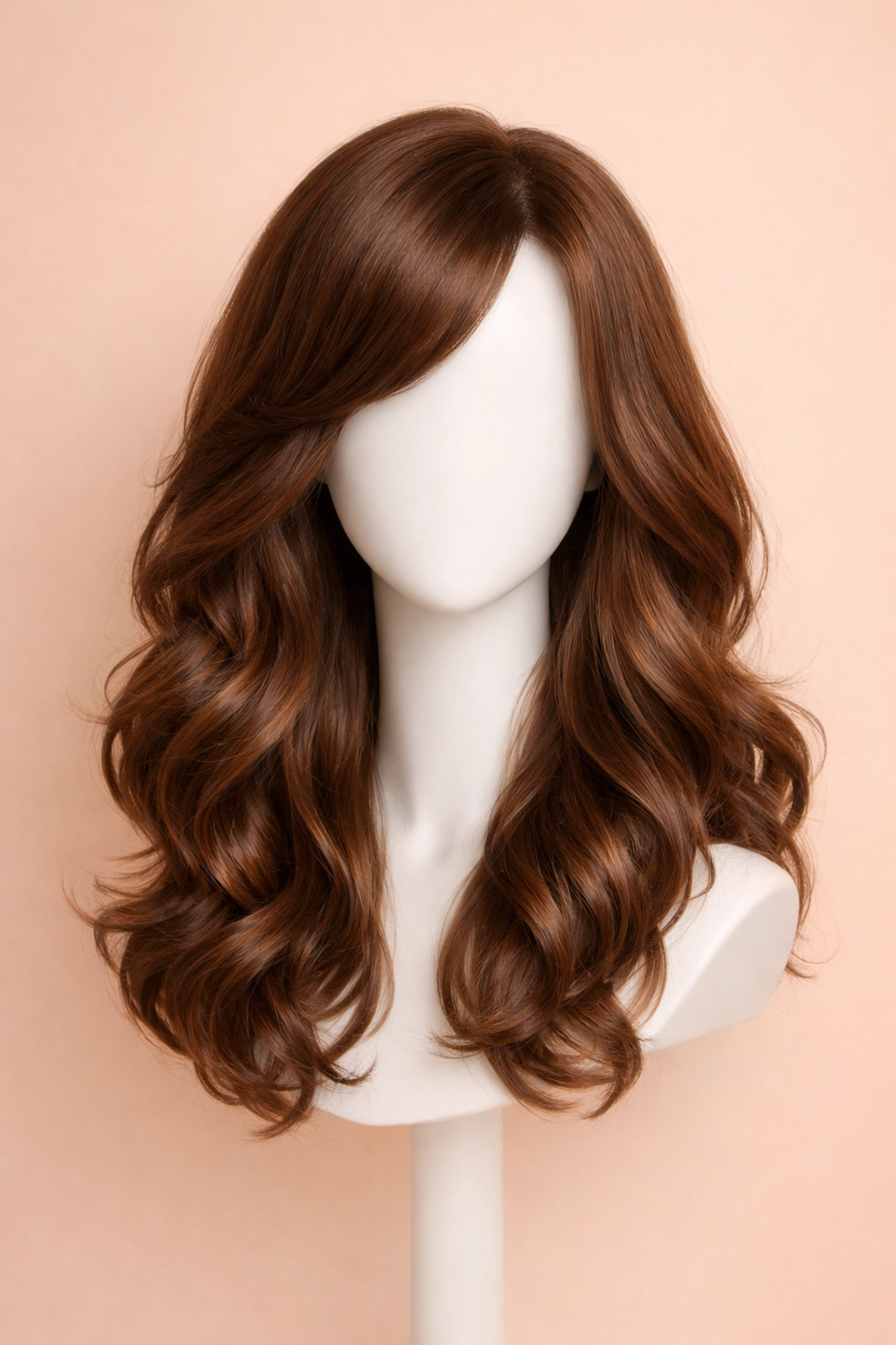 A glamorous chestnut synthetic wig with waves, showcasing the natural look of wigs in Chattanooga.