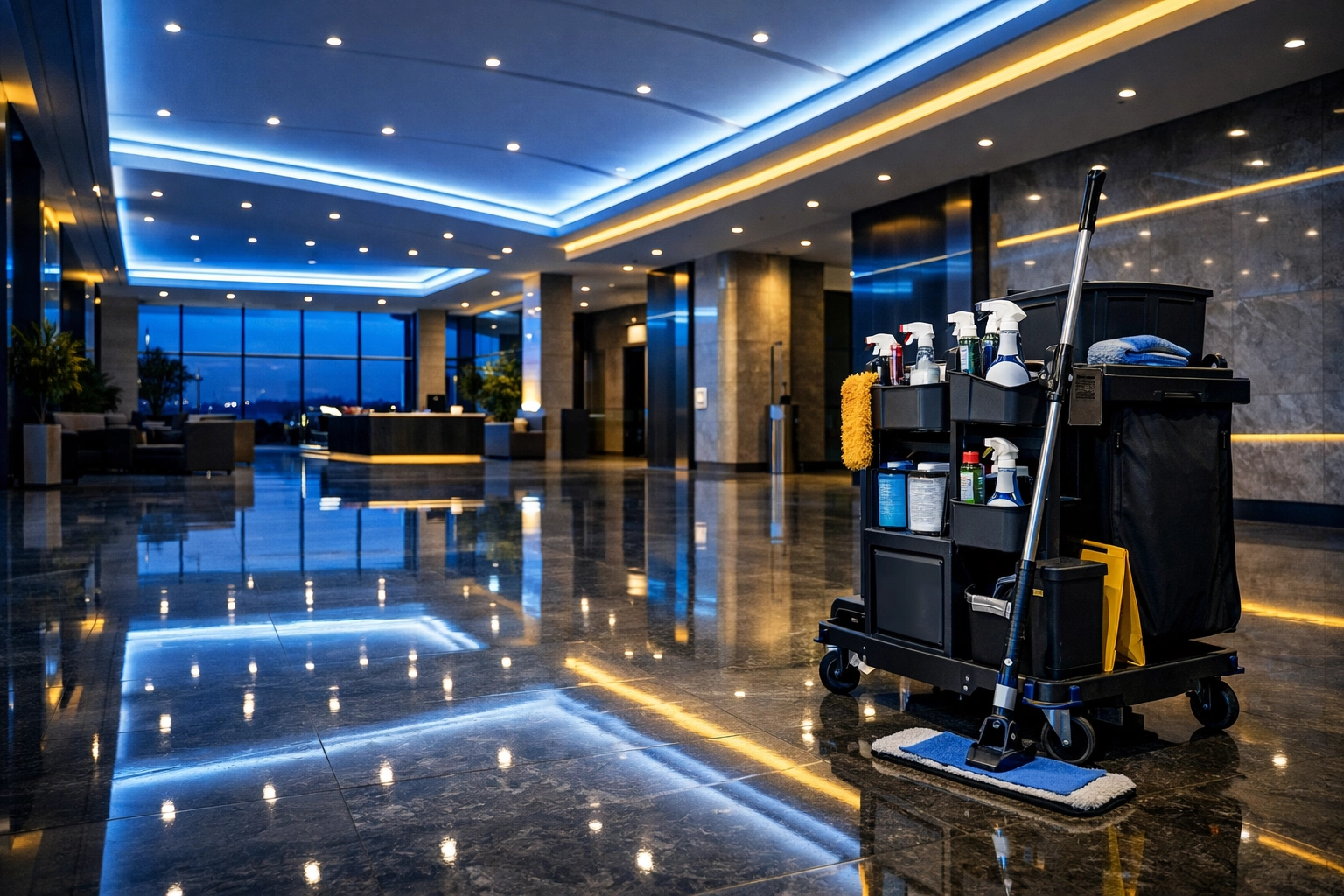 Polished marble floors in a modern Pembroke commercial lobby cleaned by professional janitorial services.