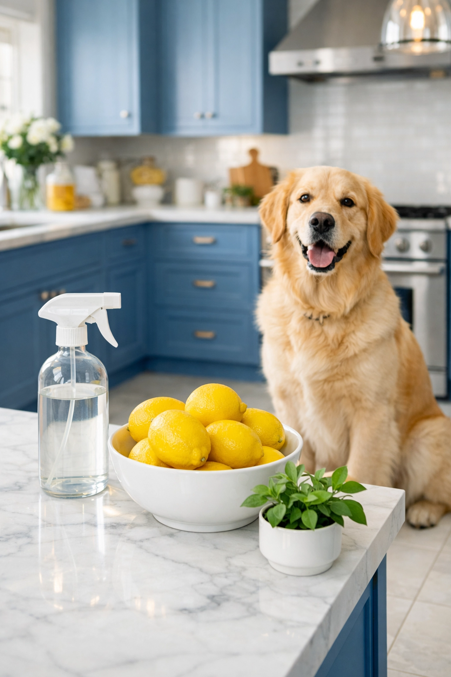 Eco-friendly sanitization for a pet-safe kitchen during a weekly house cleaning Worcester MA service.
