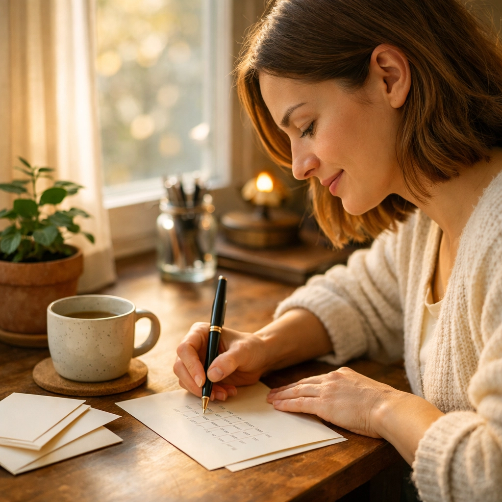 Young volunteer writing handwritten letter to senior pen pal