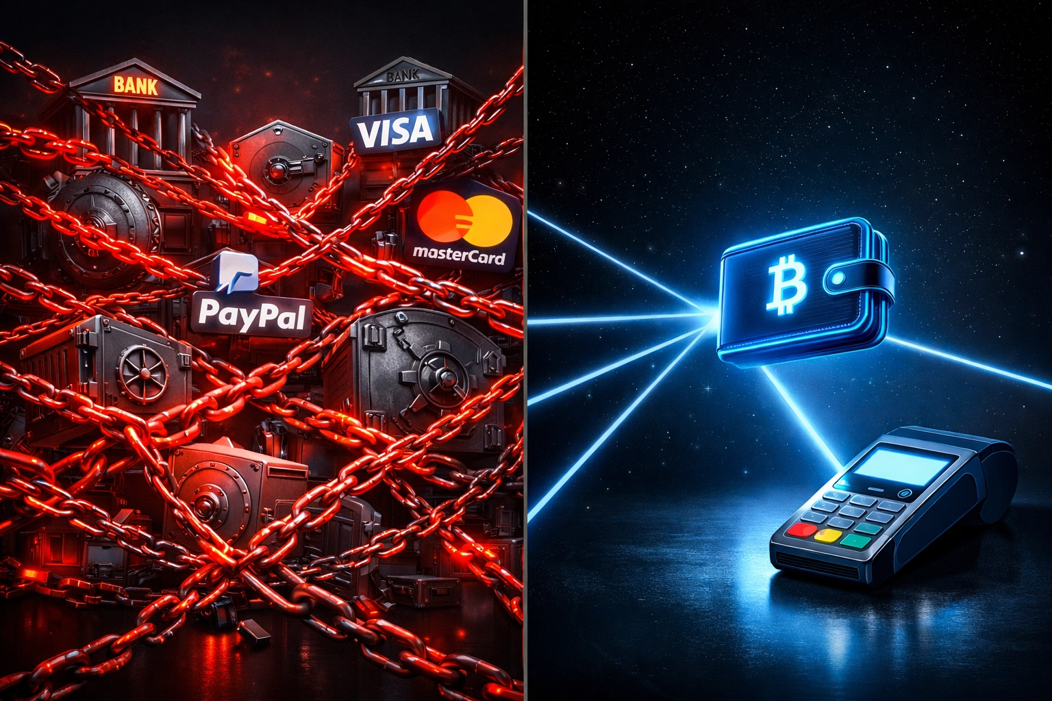 Self-custody crypto wallet vs traditional payment processing showing direct peer-to-peer merchant transactions