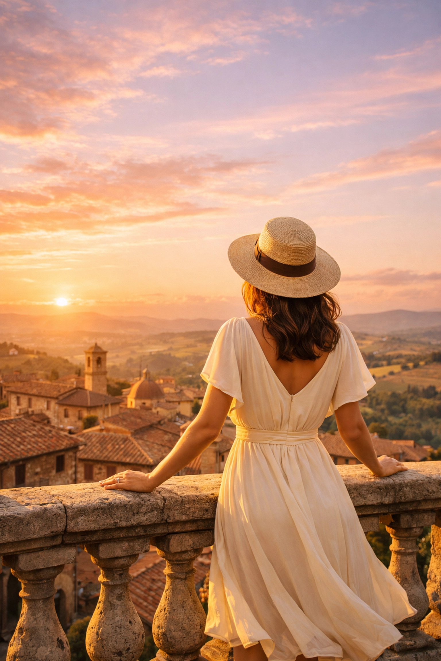 Travel advisor standing on a balcony overlooking the Tuscan countryside, representing career freedom.
