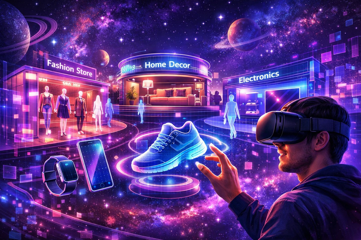 VR metaverse shopping experience with virtual storefronts and crypto payments