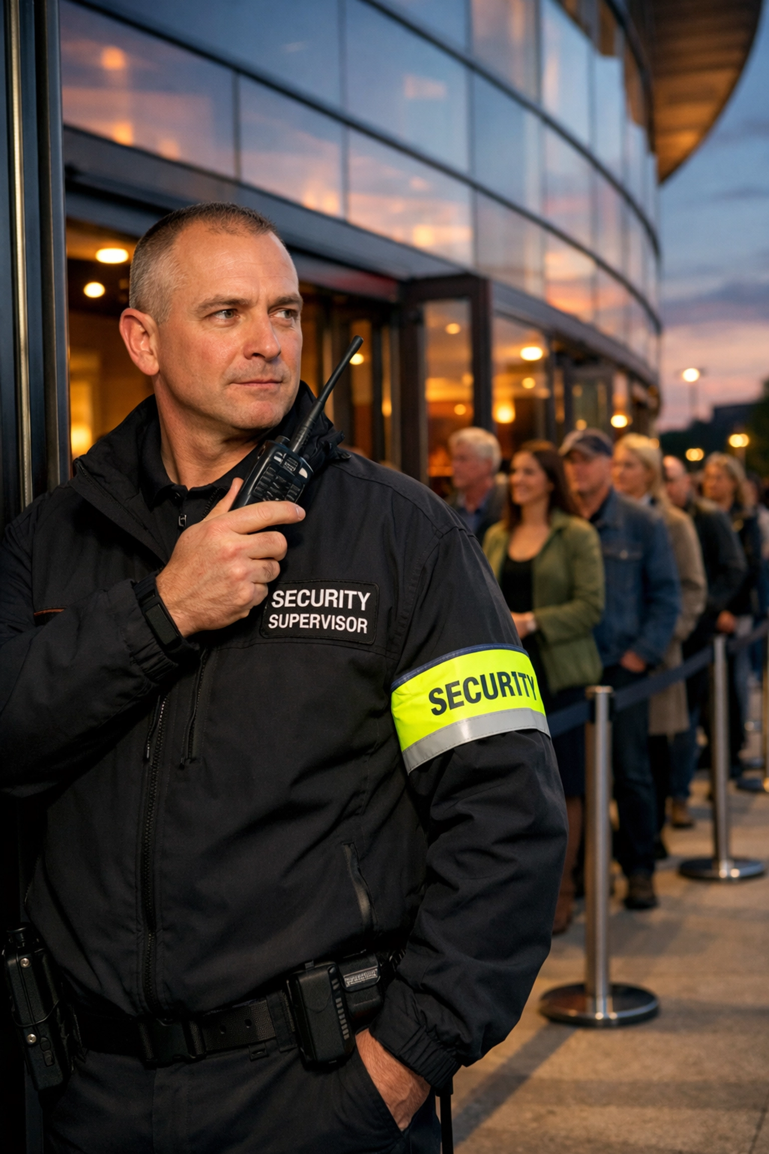 Event security supervisor with a radio managing guest entry and crowd safety at an entertainment venue.