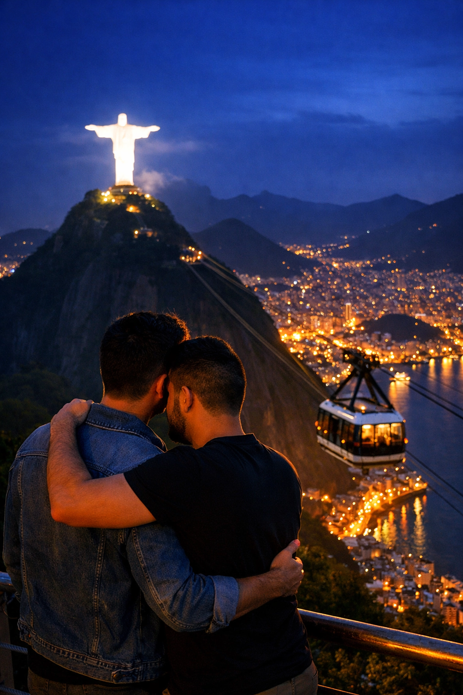 LGBTQ couple embracing at Sugarloaf Mountain overlooking illuminated Rio cityscape at night