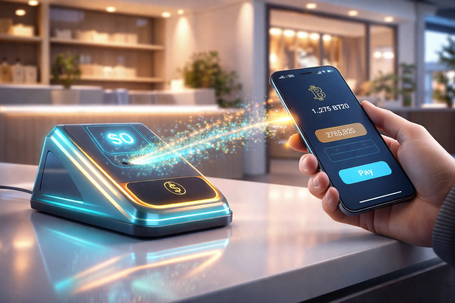 Customer using a crypto wallet at a futuristic retail payment terminal, showcasing seamless Web3 payments for small businesses