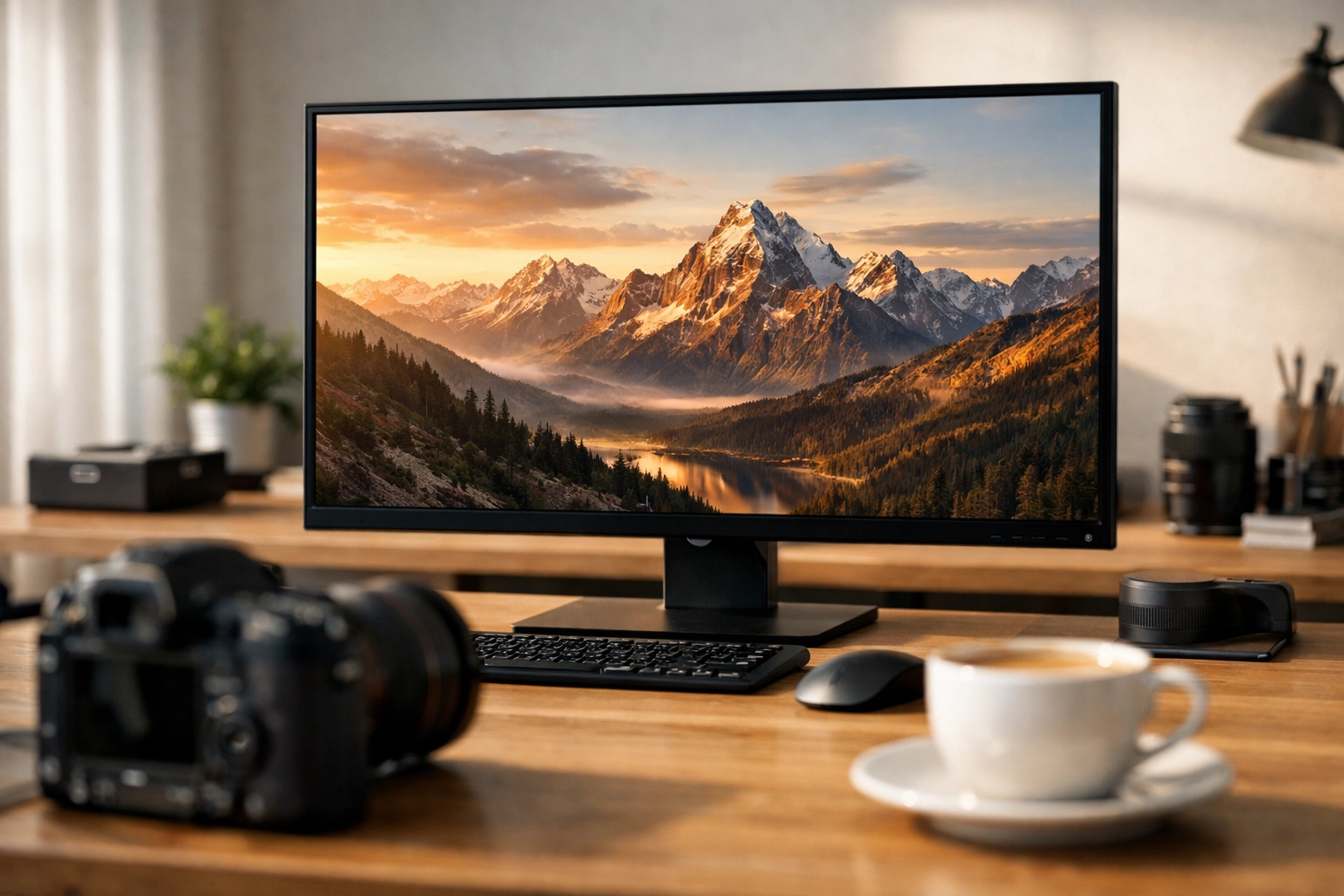 A professional photography workspace with a high-resolution monitor showing landscape editing in a minimalist studio.