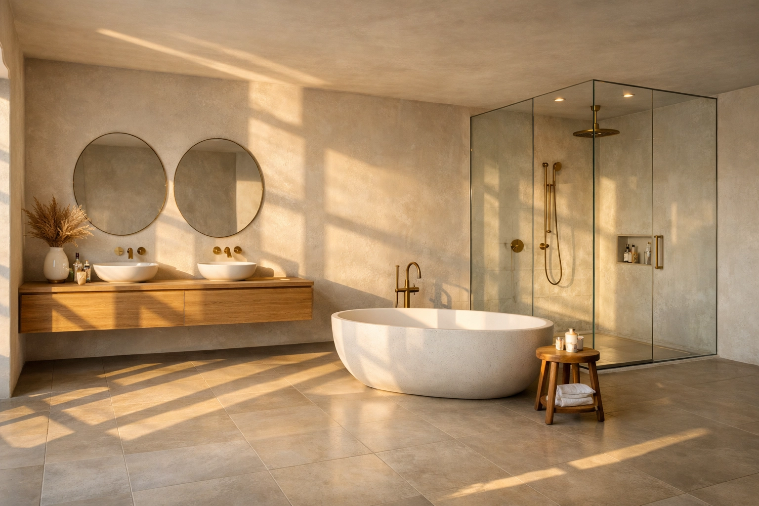 Luxury home renovation West Sussex featuring a freestanding stone tub and minimalist layout to maximize space.