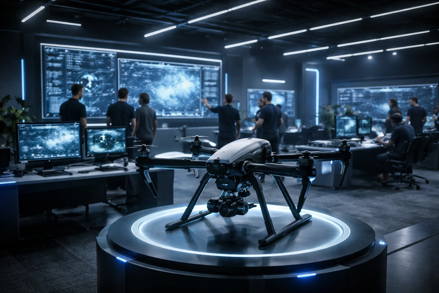 Modern drone training center with advanced workstations and RPAS drone, students learning drone operation