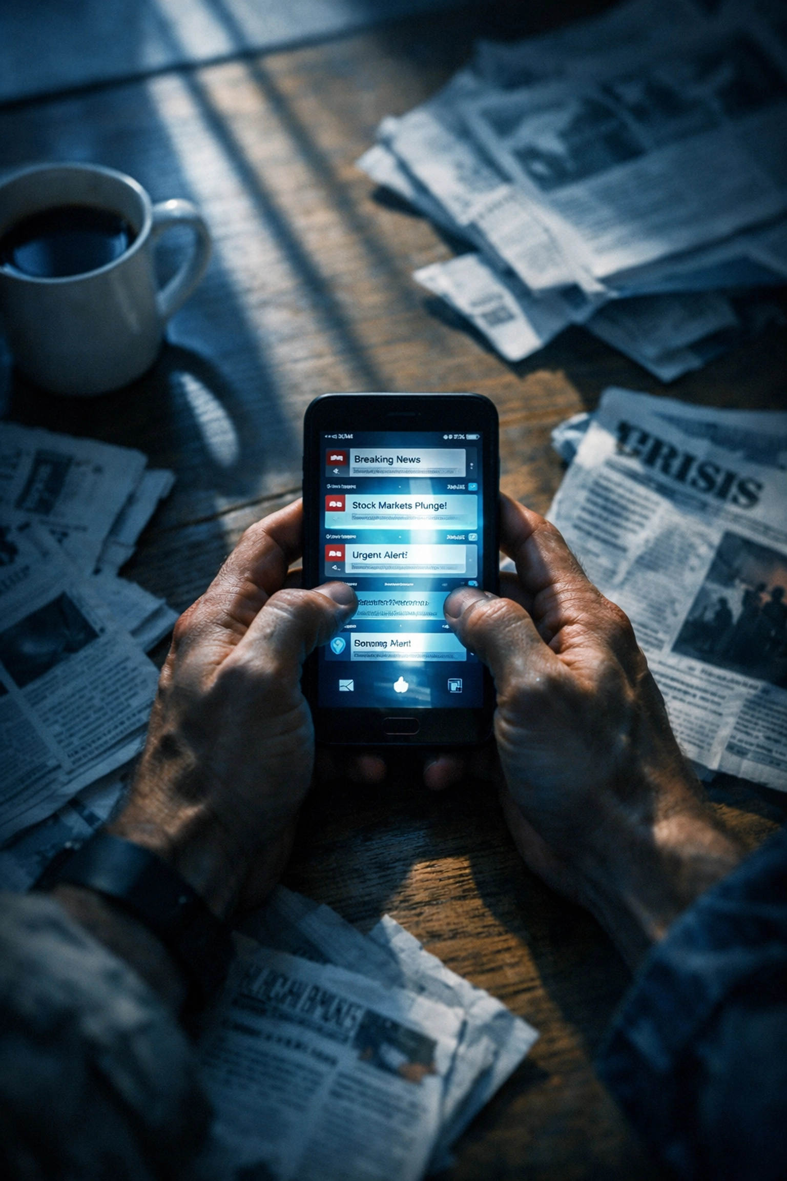 Person anxiously checking smartphone surrounded by newspapers and coffee in morning light