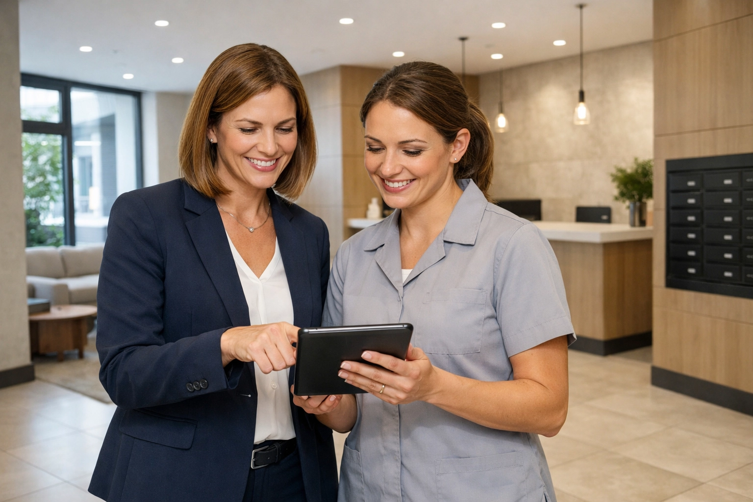 Property manager and cleaning specialist reviewing turnover tasks in a modern apartment lobby.
