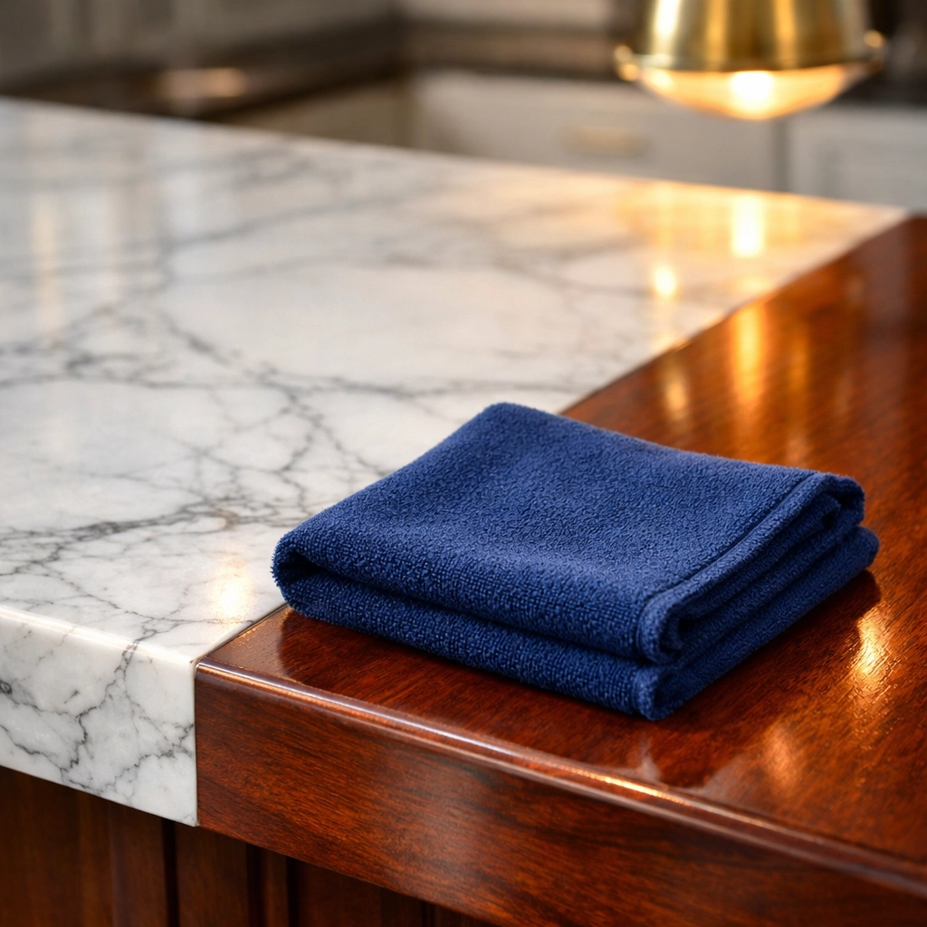 Pristine Carrara marble and mahogany kitchen island cleaned with professional microfiber in a Hingham home.